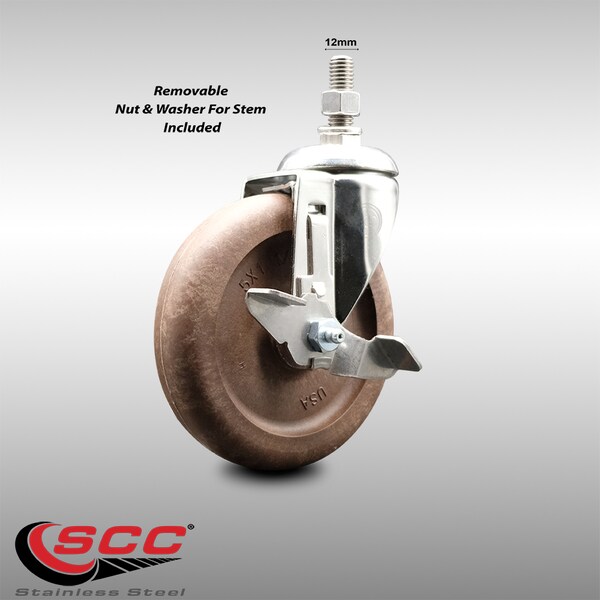 Service Caster 5 Inch 316SS High Temp Glass Filled Nylon 12mm Threaded Stem Caster Brake SCC-SS316TS20S514-GFNSHT-TLB-M1215 - main